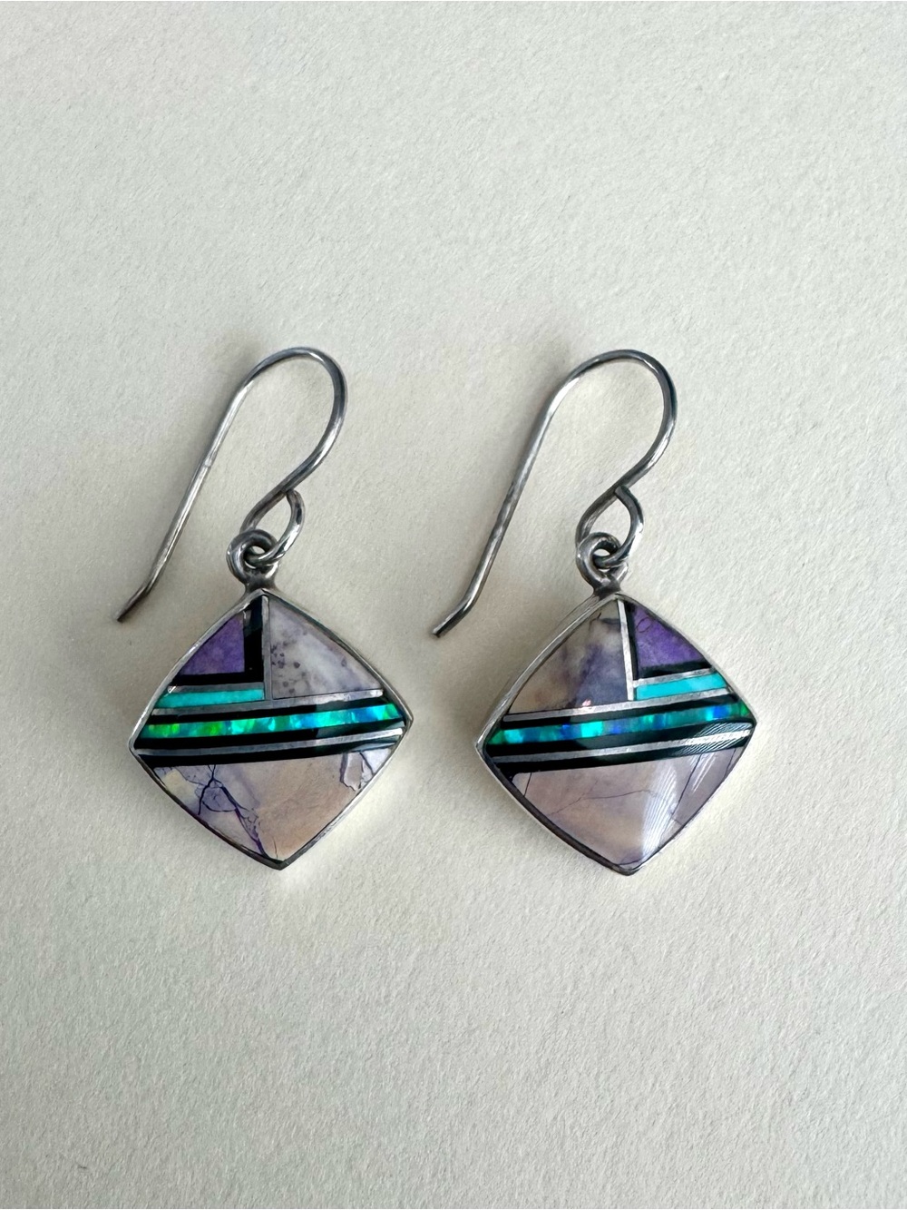 C. Webster Navajo Sterling Silver Purple, Onyx and Opal Inlay Drop Earrings